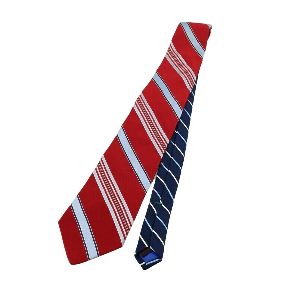 Tommy Hilfiger 100% Silk Men's Tie Necktie Striped Blue Red White 58.25" x 3.75"